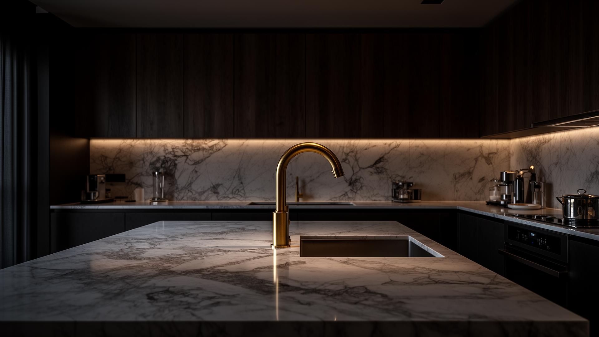 Luxury renovated kitchen with marble island and brass fixtures